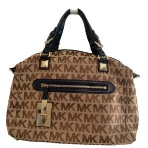 Michael Kors Calista Signature Satchel, Brown and Navy with Gold Accents